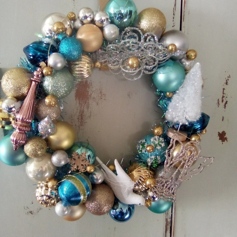 Shabby Blue Silver Gold Vintage Ornaments Holiday Wreath Handmade